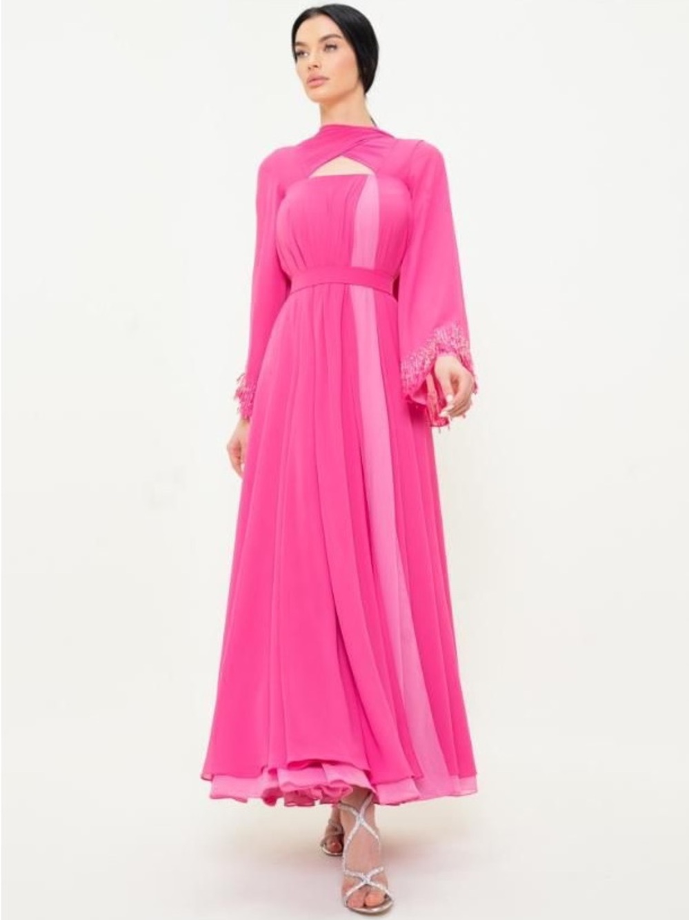 Chiffon Maxi Dress in Vibrant Pink with Keyhole Detail